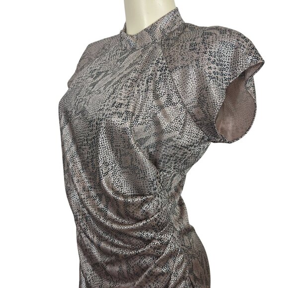 Vintage Steppin Out Metallic Snake Print Ruched Midi Dress Flutter Cap Sleeves M - Picture 7 of 16